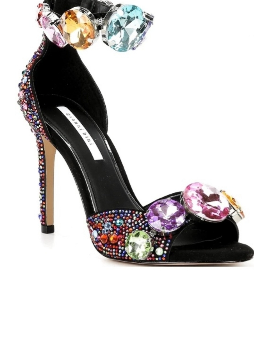 Gianni Bini Black Evening Heels with Pink, Orange and Yellow Gems.